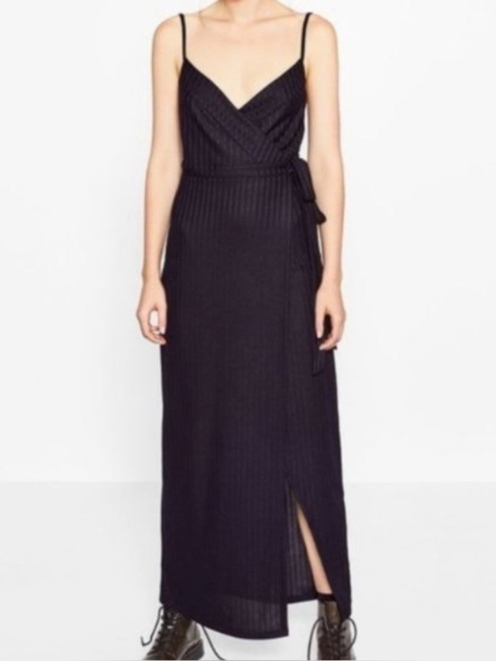 Zara Navy Ribbed Wrap Maxi Dress with Spaghetti Straps